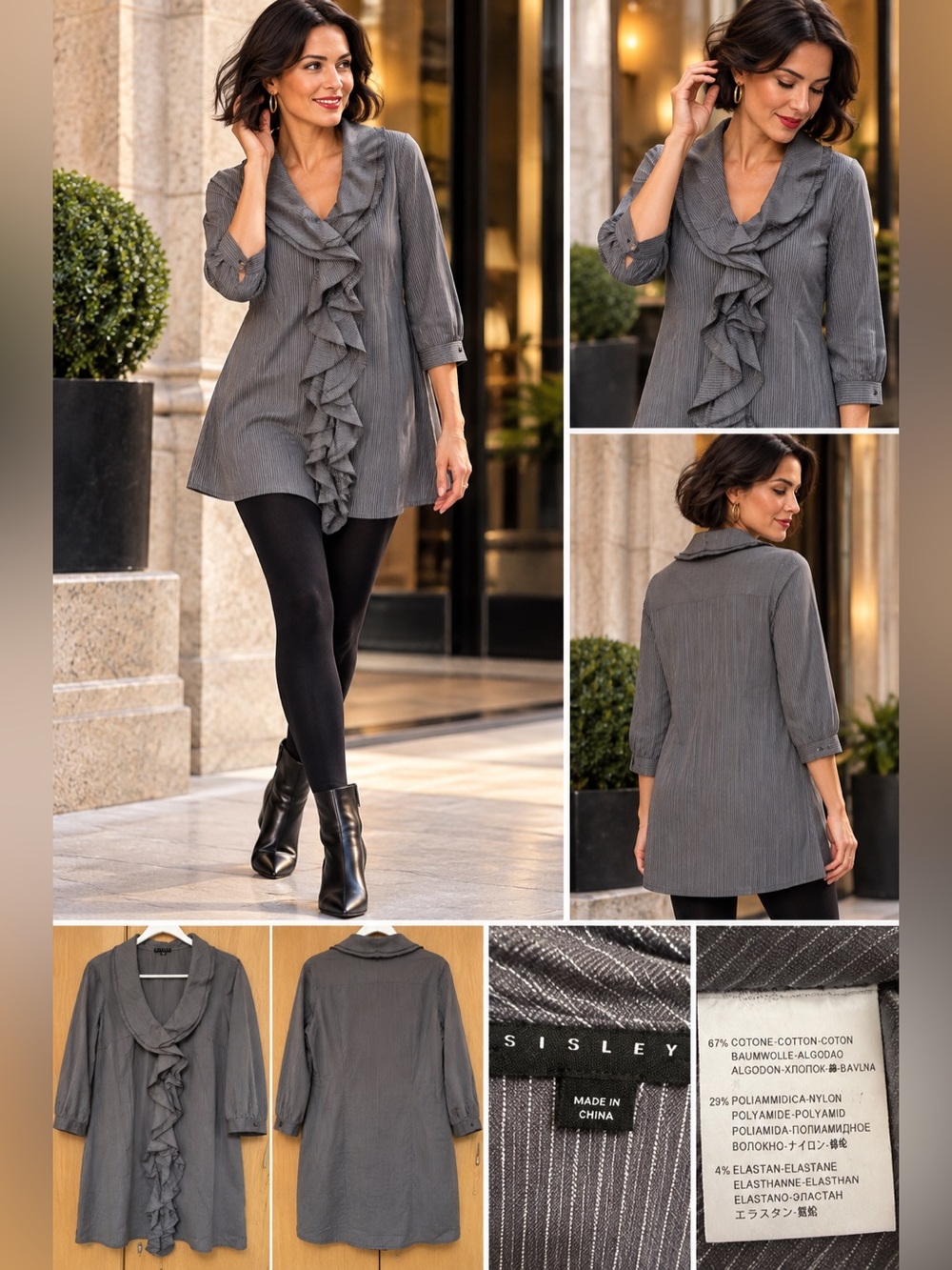 Sisley Gray Pinstripe Ruffle-Front Tunic